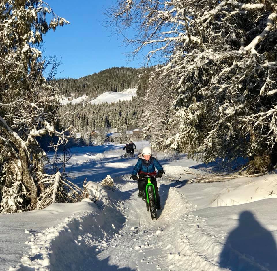 I fint driv oppover i strålende sol mellom snøtunge graner. FOTO: Øyfjell Fatbikeløype